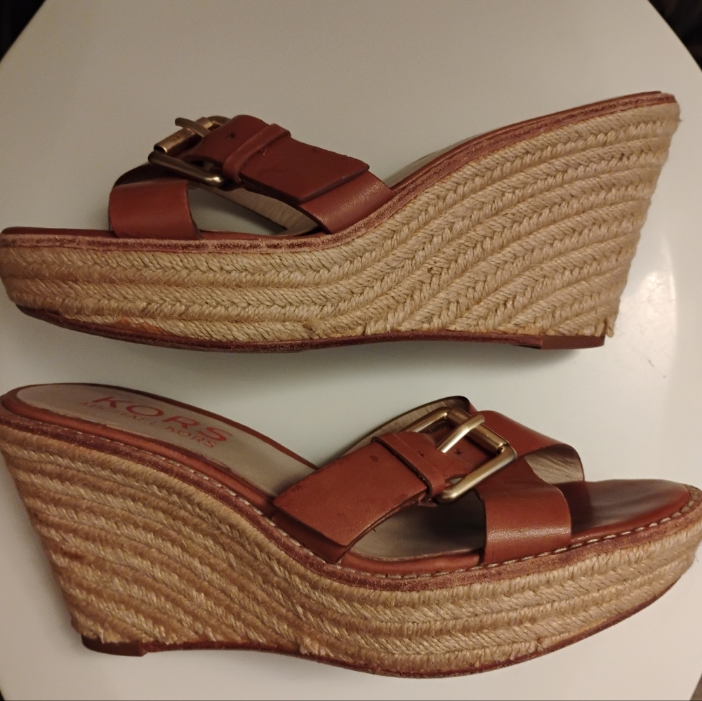 Michael Kors Leather Mule Wedge Slide In Woven Wedge Darby Brown Leather Size 7
